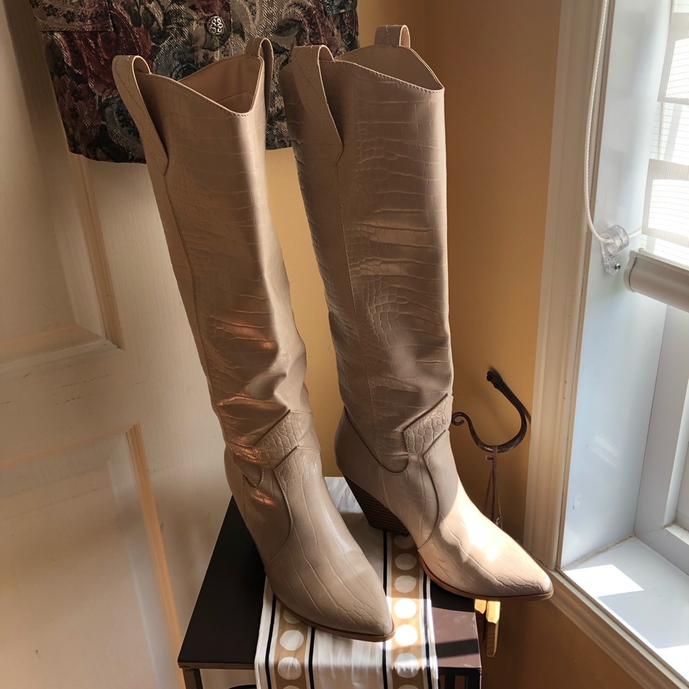 Faux leather cream croc embossed knee high boots